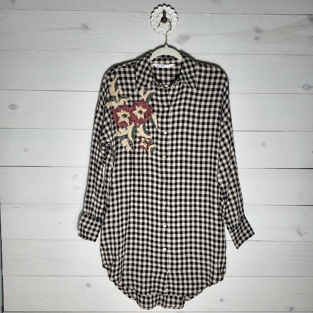 ZARA Gingham Top Floral Beaded Embroidered Western BOHO Button Up Shirt Dress.